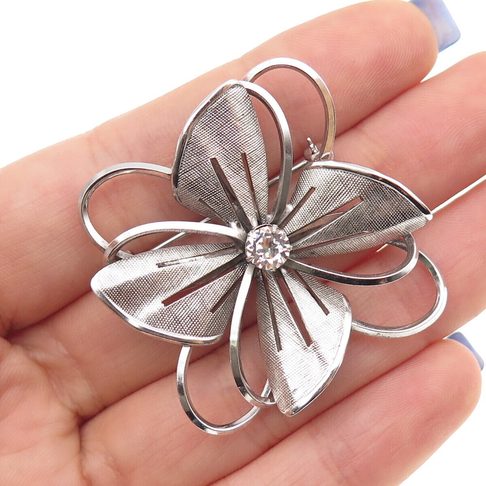 CARL ART 925 Sterling Silver Antique Art Deco Rhinestone Flower Pin Brooch
